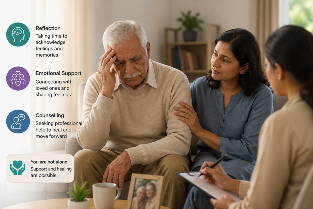 Elderly person coping with grief through reflection