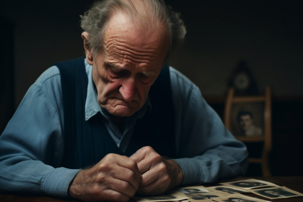 Elderly person sitting alone looking worried about financial dependence