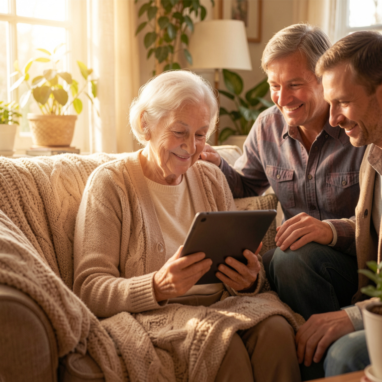 Families spending quality time with an older adult, encouraging social engagement, connection, and emotional well-being.