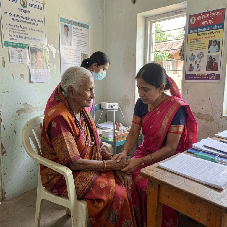 Elderly people in India receiving care and support highlighting aging issues in evolving Indian scenarios.