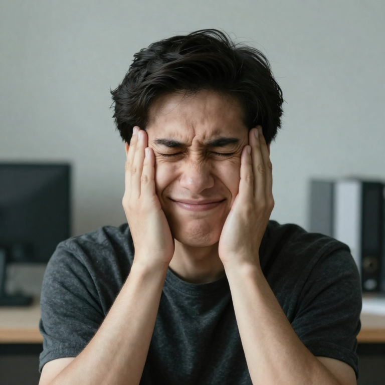 Person smiling in public while experiencing internal stress, representing high-functioning anxiety and hidden emotional struggle.