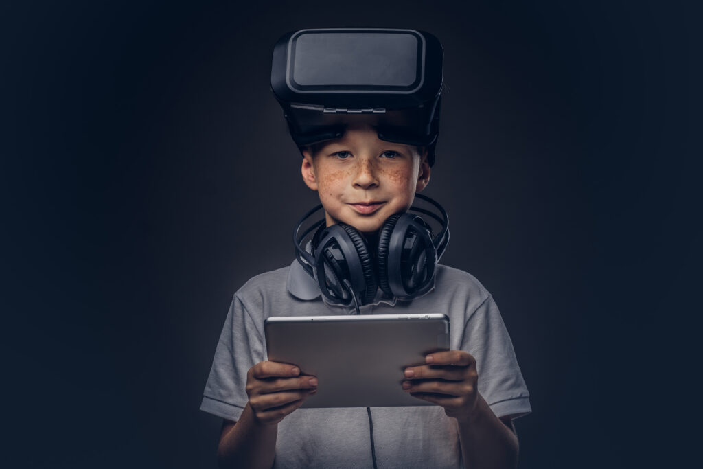 Children using AI tools for learning while educators monitor attention span and digital well-being support.