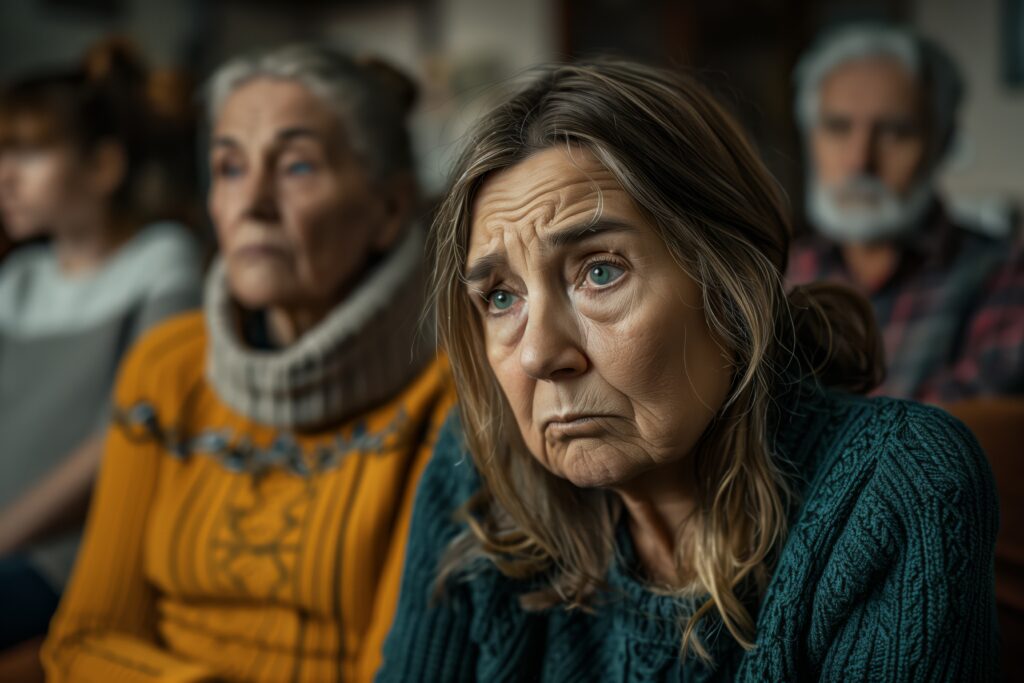 Elderly man and woman in emotional support session showing grief, loneliness, and counselling with NGO support