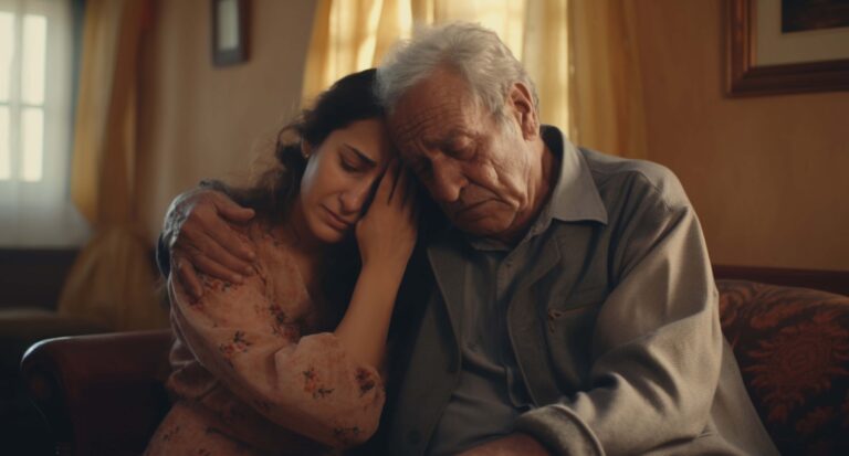 Elderly parents sitting together at home while receiving emotional support and healthcare assistance for geriatric health issues.