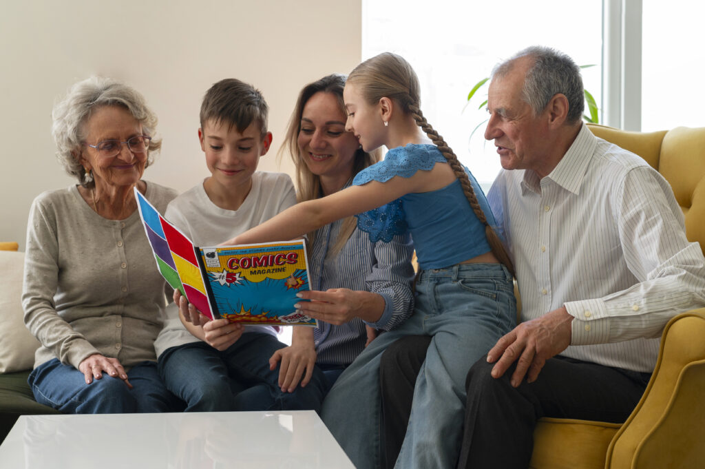 Happy elderly couple spending quality time with family, showing the importance of family bonds in healthy ageing.