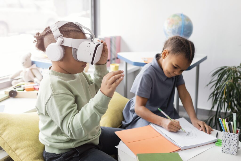 Child using an AI-powered learning tool on a tablet while studying, illustrating the impact of artificial intelligence on learning and attention span.