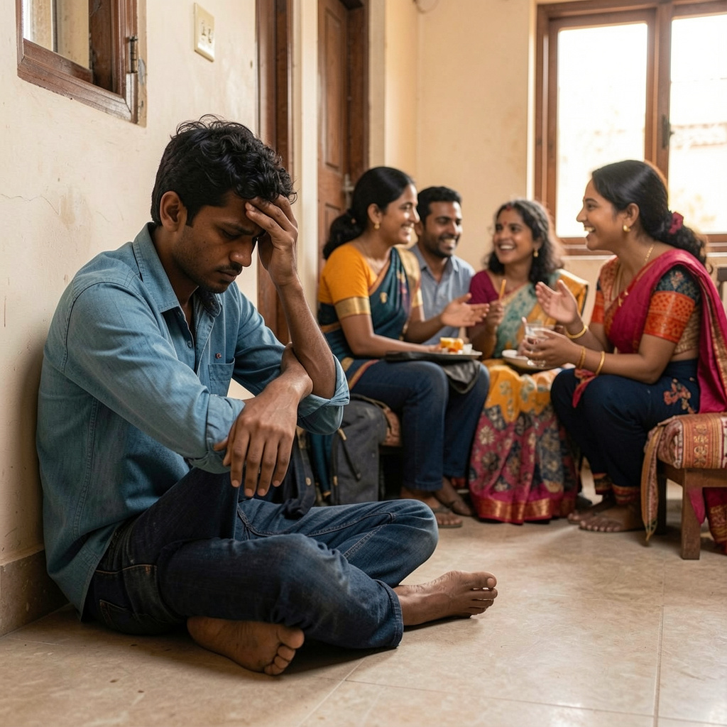 Indian family showing concern while a young person looks stressed, representing ignored mental health issues at home.