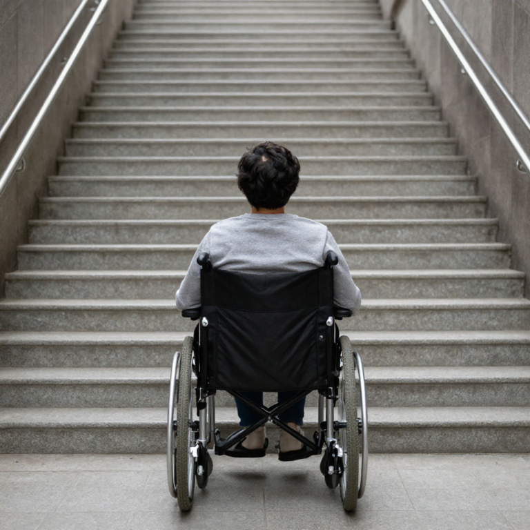 A person using a wheelchair faces an inaccessible entrance with stairs, highlighting the daily accessibility challenges experienced by people with disabilities.
