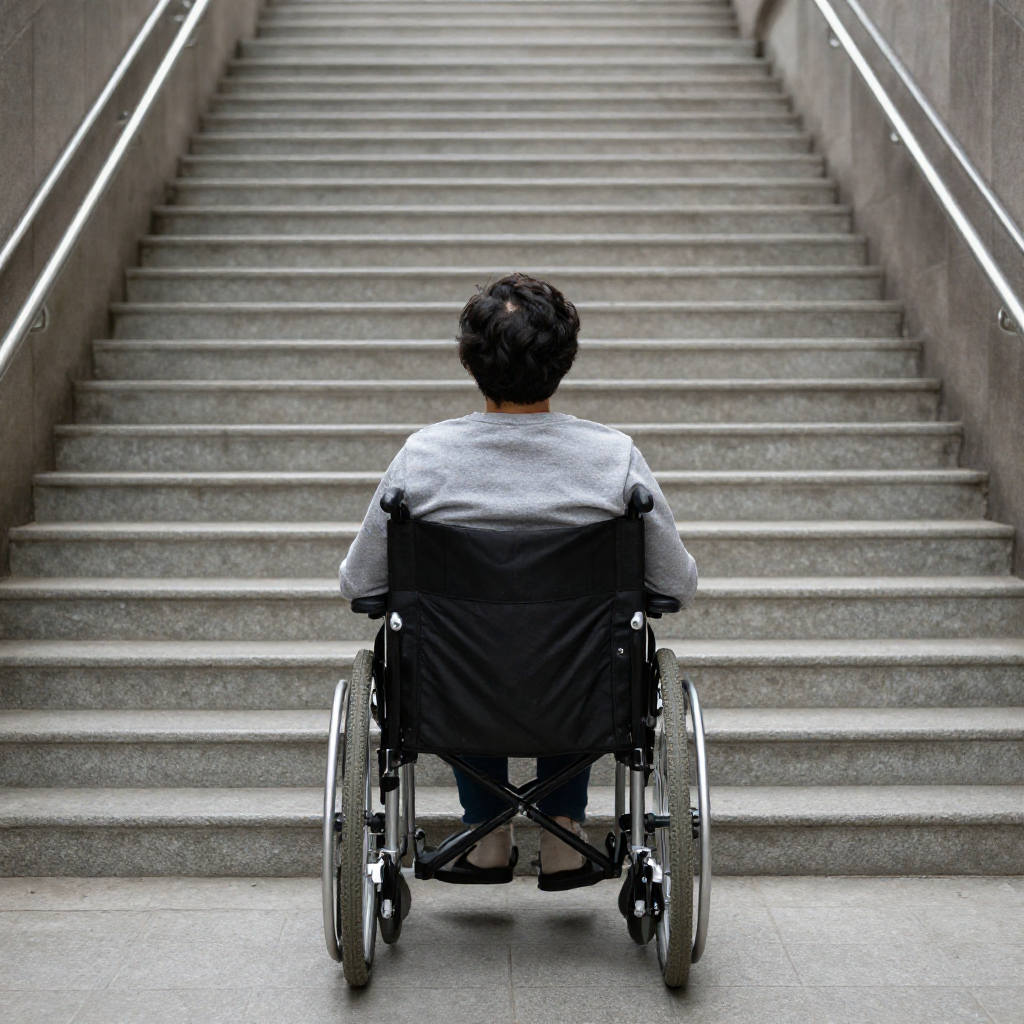 A person using a wheelchair faces an inaccessible entrance with stairs, highlighting the daily accessibility challenges experienced by people with disabilities.
