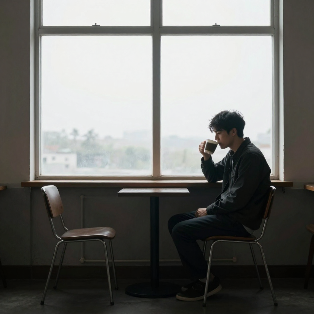 Person sitting alone at home, reflecting on life and adjusting to living independently after years of togetherness.
