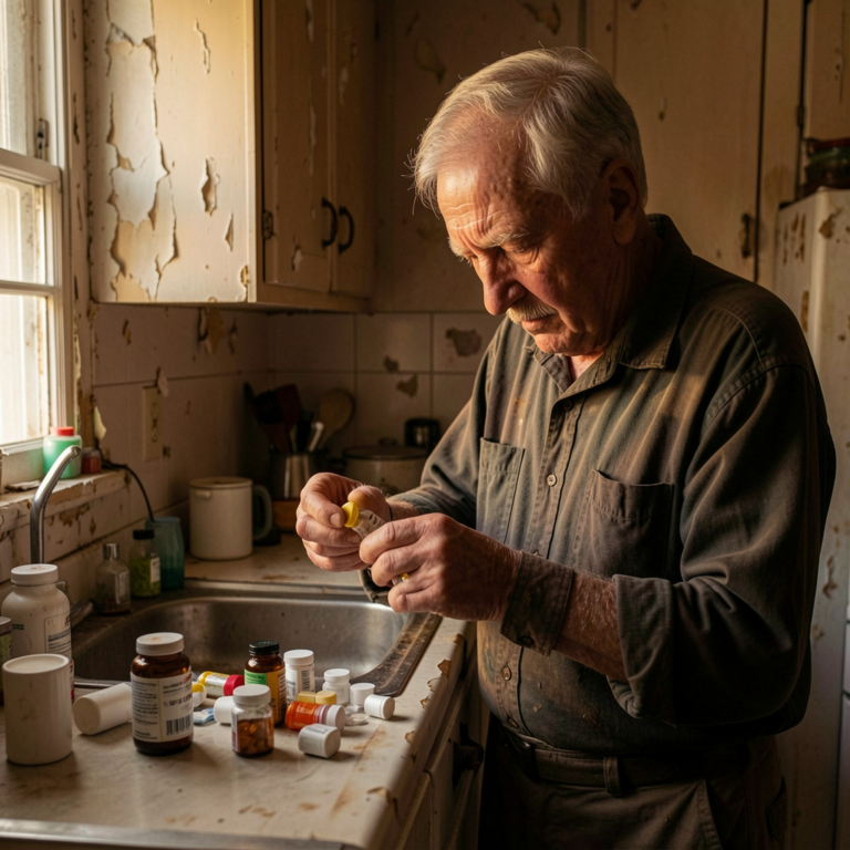 Concerned older adult receiving support and safety assistance from a community care organization to prevent neglect and improve well-being.