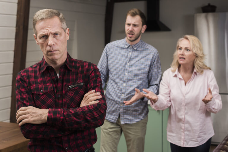 Elder Conflicts involving an elderly family member and in-laws during a tense family discussion.