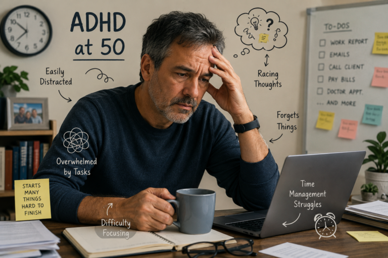 Older adult managing ADHD challenges after 50 with focus and daily tasks