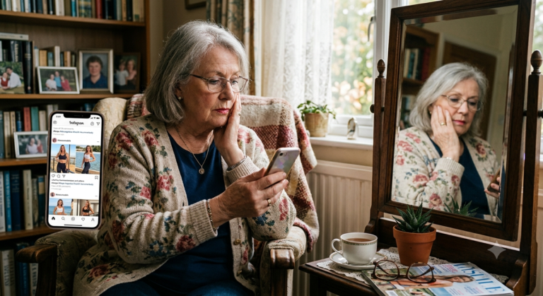 Elderly person viewing social media and reflecting on body image and aging.