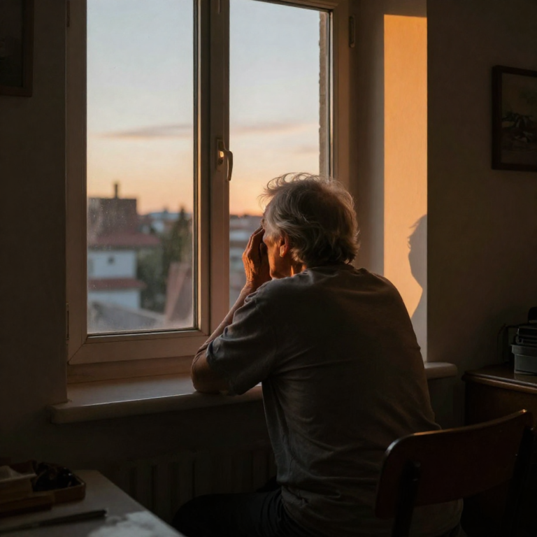 Older adult with dementia experiencing sundowning symptoms in the evening.