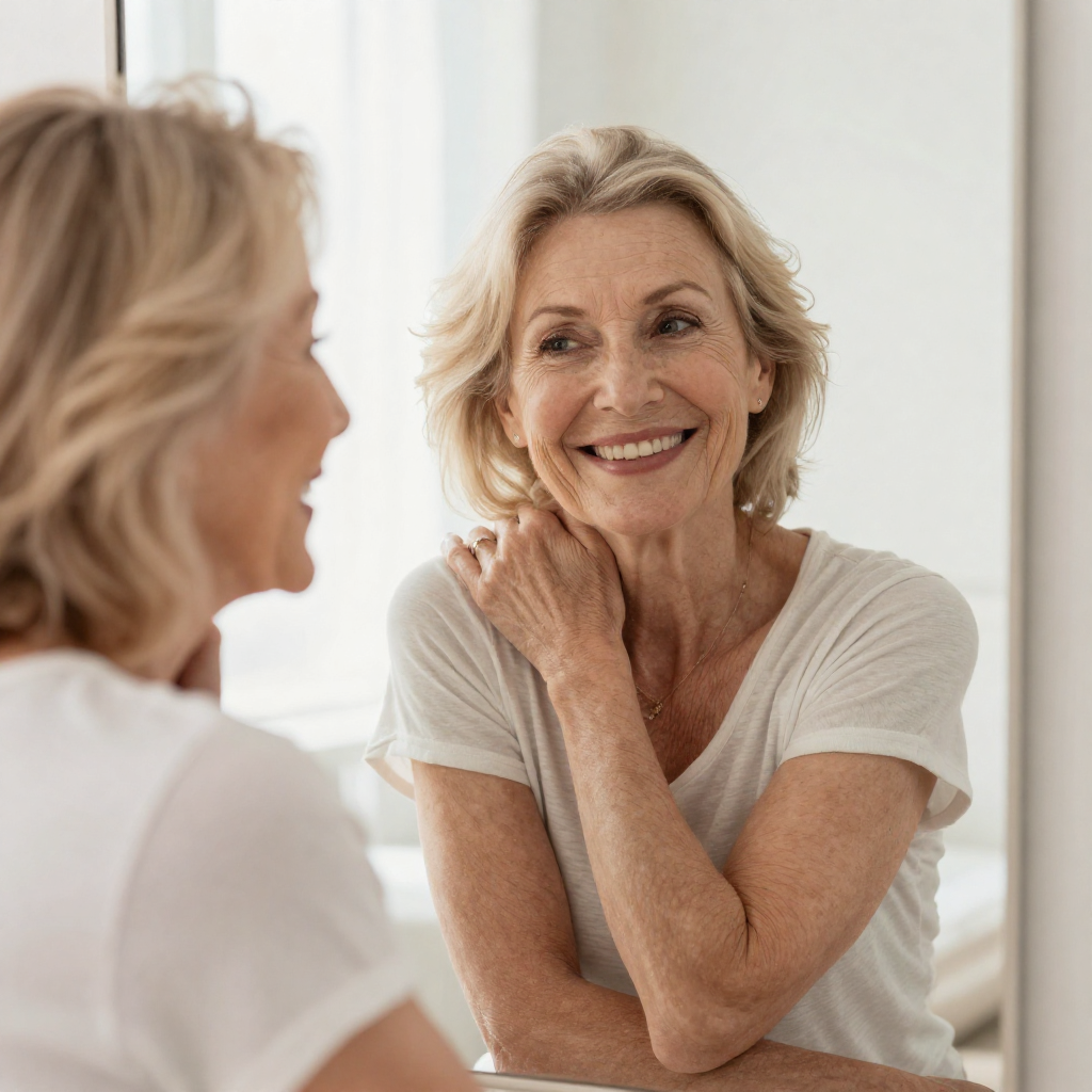 Older adult smiling confidently while embracing aging with a positive body image and healthy self-esteem.