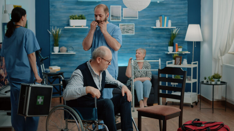 Main Challenges in Elderly Care illustrated by a caregiver helping a senior with daily activities, promoting safety and well-being.