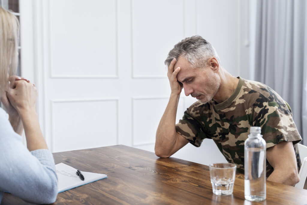Older adult experiencing ADHD symptoms such as difficulty focusing and staying organized in daily life.