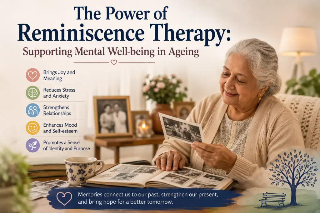 Older adult sharing memories during reminiscence therapy for healthy aging