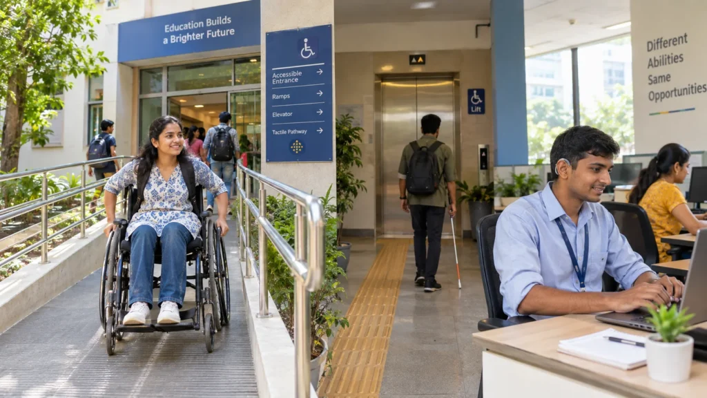 Disabled person accessing education, employment opportunities, and essential infrastructure for an inclusive future.