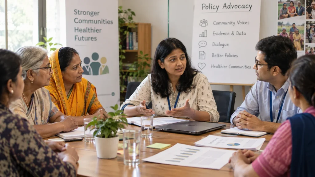 GDF India policy advocacy meeting with community members discussing inclusive health policies and community needs.