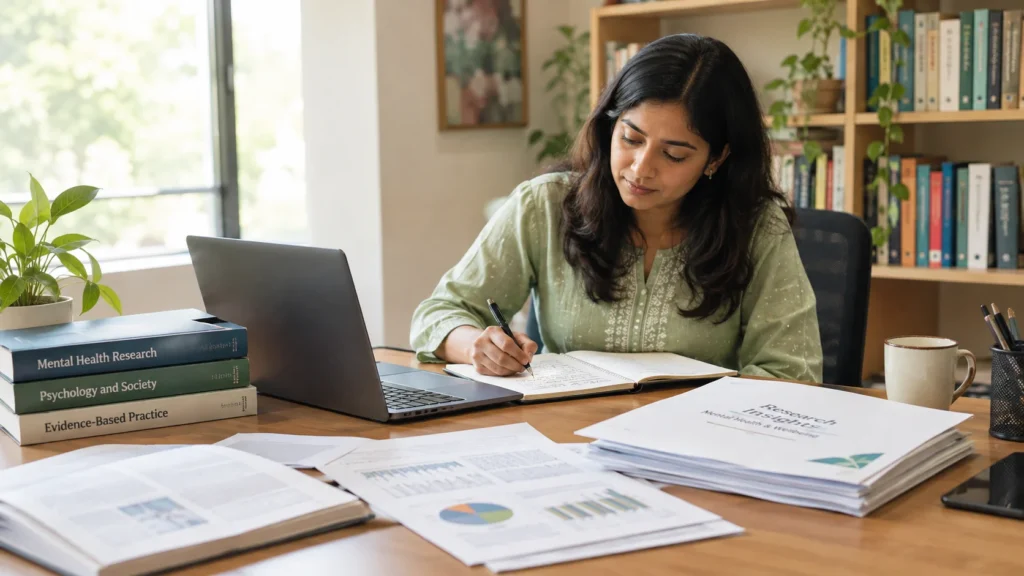 Indian researcher reviewing research papers and documenting insights in a professional workspace.
