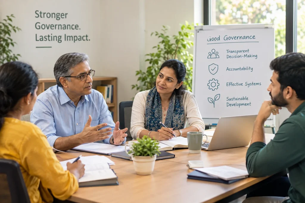 Indian professionals collaborating during a governance meeting focused on transparency and accountability.