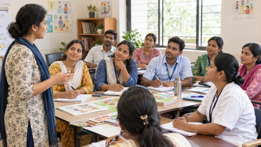 Teachers and health workers participating in a community training session