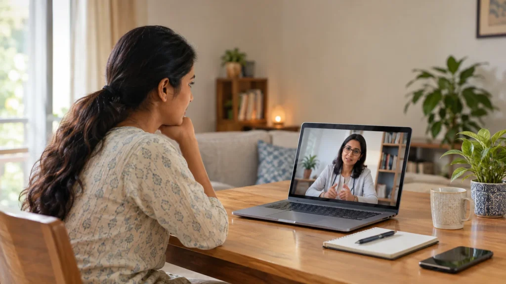 Tele-health session providing remote mental health guidance and consultation from home